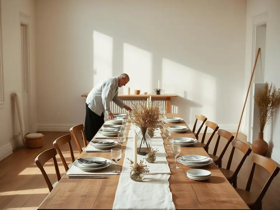 A long linen-dressed table being set for an intimate gathering in a sunlit Copenhagen room